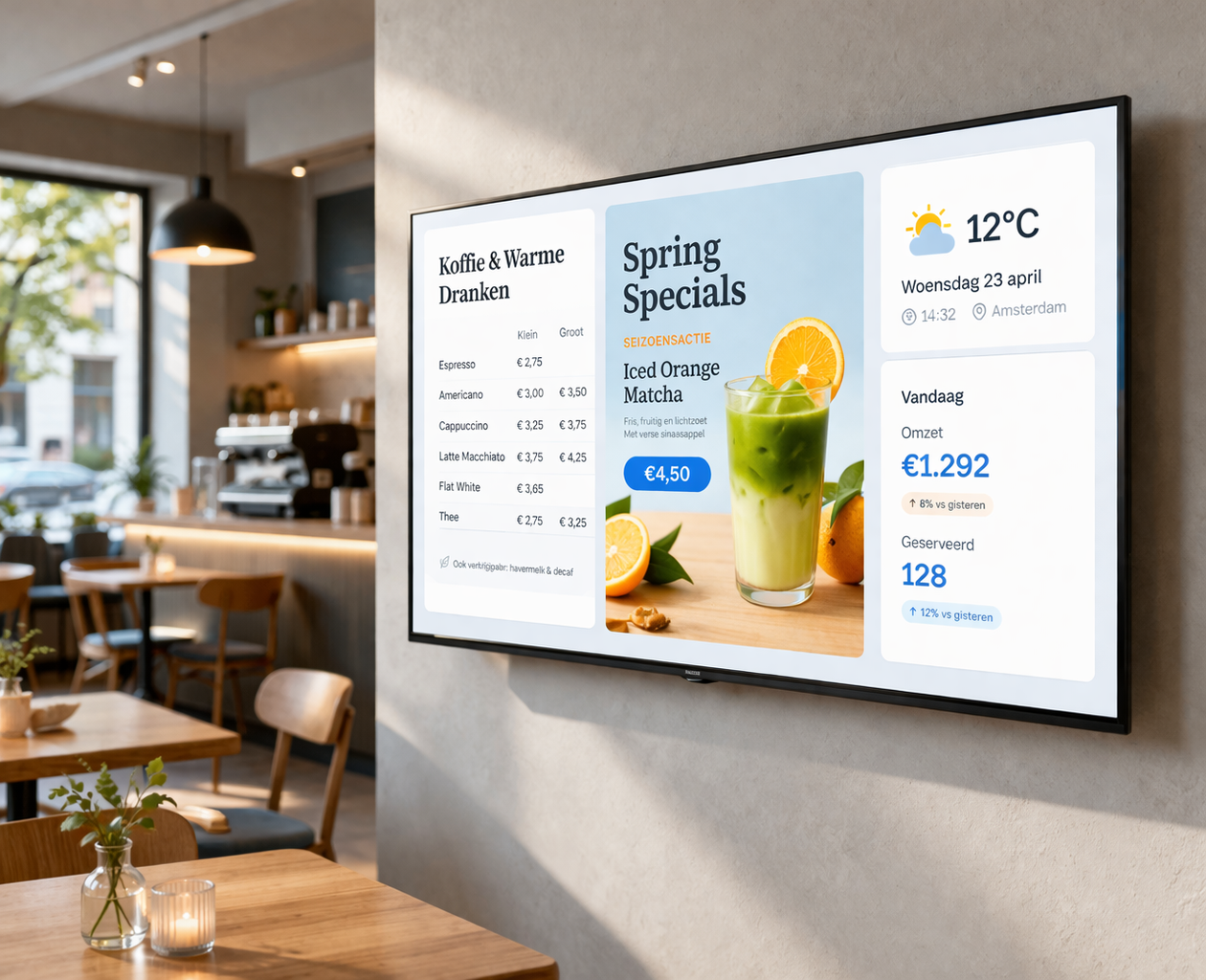 Digitale signage op een tv in een bedrijfsomgeving