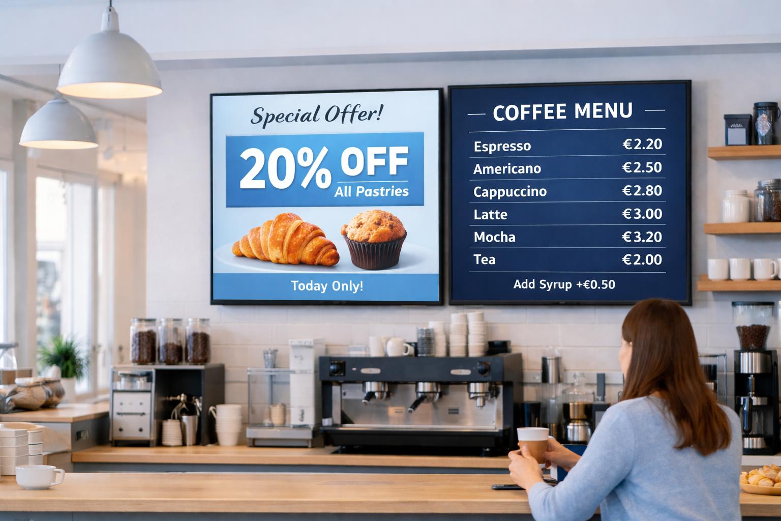 Digital signage in a coffee shop – special offer and coffee menu on screens